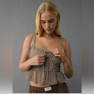 American Eagle Brown Gingham Tie Front Peplum Tank Top Women’s XL